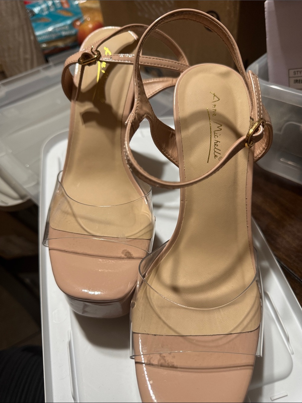 Anne Michelle Blush Patent Heels with Clear Straps